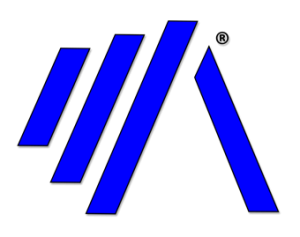 Company logo. Pure blue splines. Three leaning left to right with shortest toward center, longest furthest away from center. One leaning right to left on opposite side of other three. Small black copyright circle R at upper right of logo.